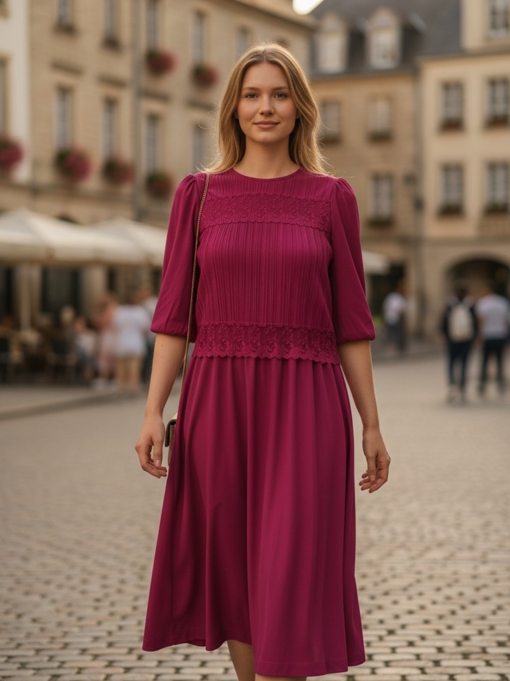 Elegant Berry Midi Dress with Lace & Pleated Bodice